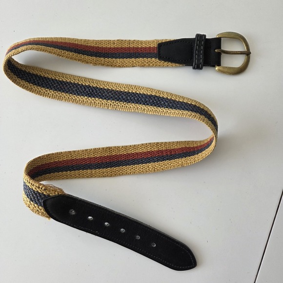 Accessories - Vtg 90s Stretch Woven Belt 34"-38" Waist 16 18 Brass Buckle Red Tan Navy Boho